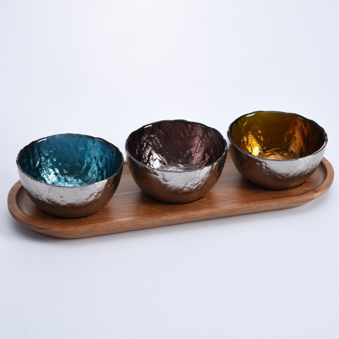 Set Of 3 Colored Glass Bowls & Tray