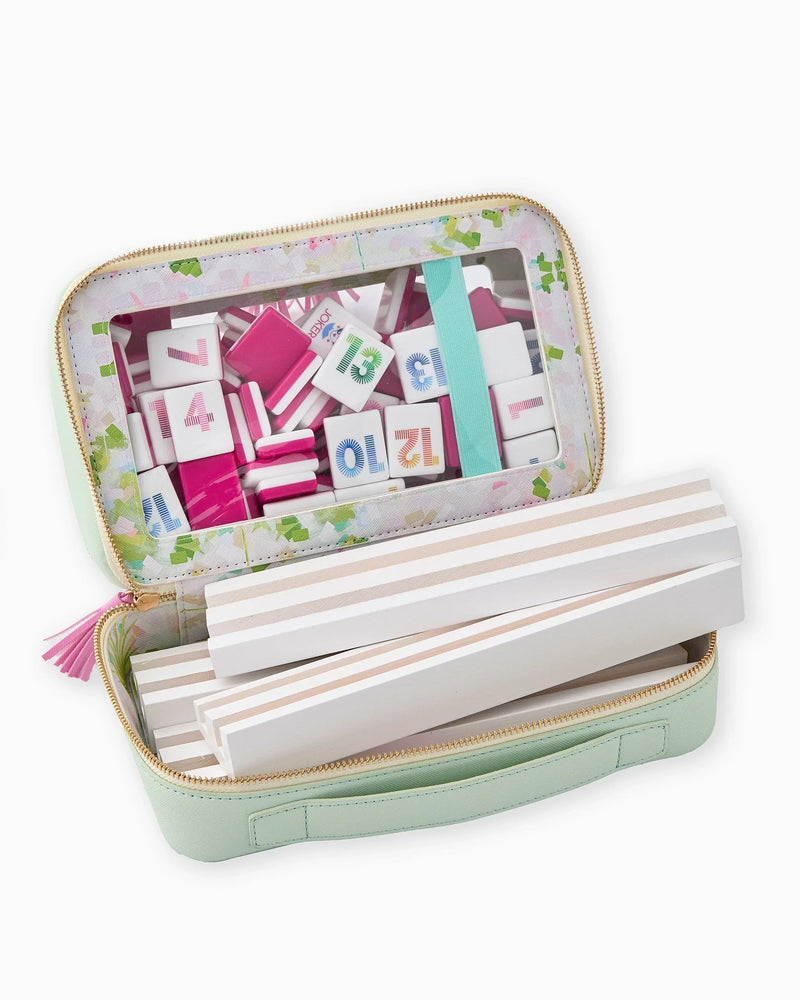 mint mahjong set case with colorful letter tiles and striped pushers on a white background