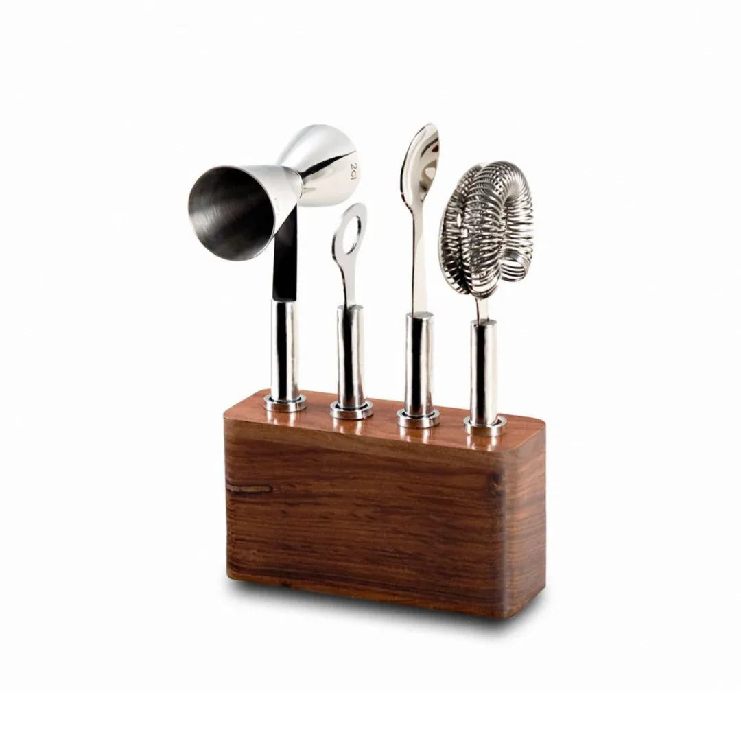 Cosmo 4-Piece Bar Set with Wood Base Bar Tools