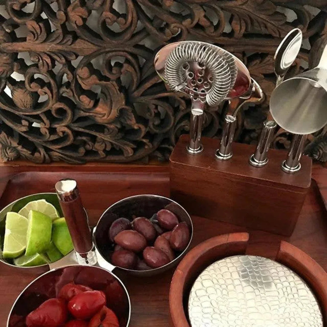 Cosmo 4-Piece Bar Set with Wood Base Bar Tools