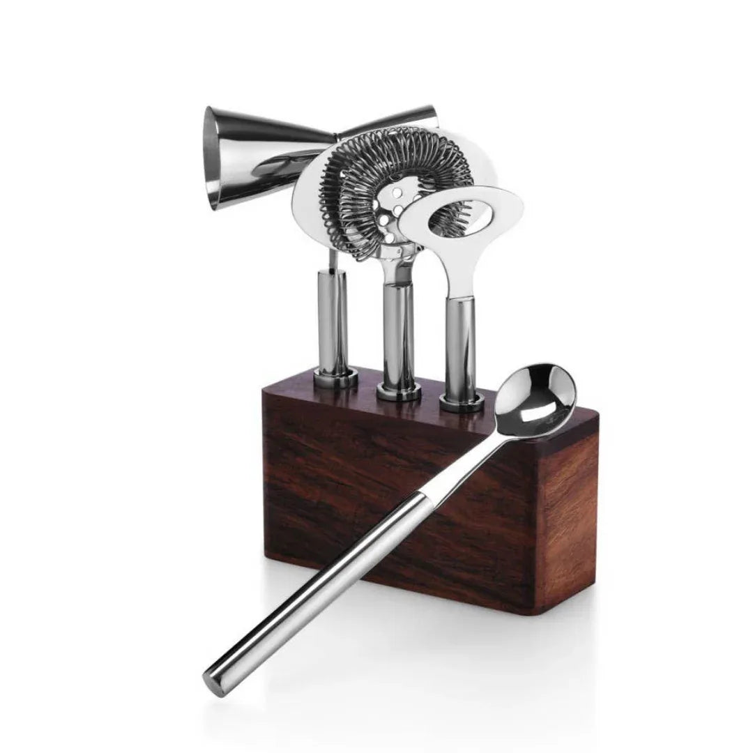 Cosmo 4-Piece Bar Set with Wood Base Bar Tools