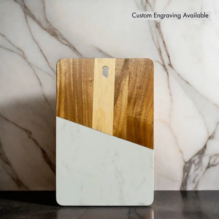 Marble & Acacia Rectangle Wood Board in white marble. 