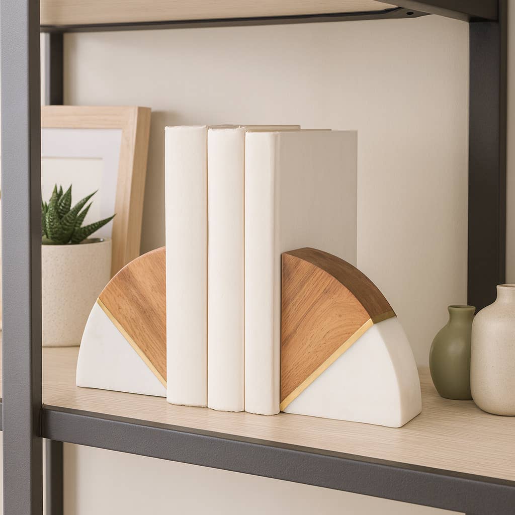 White Marble Wood and Brass Bookends S/2