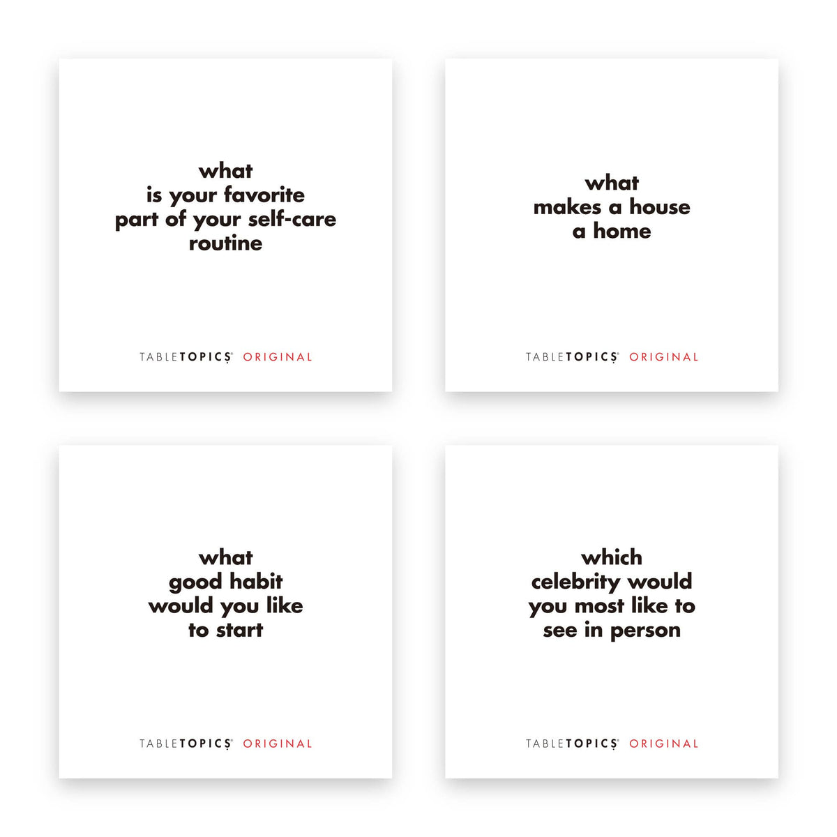 Four white cards with black text on a white background, featuring TableTopics Original branding.