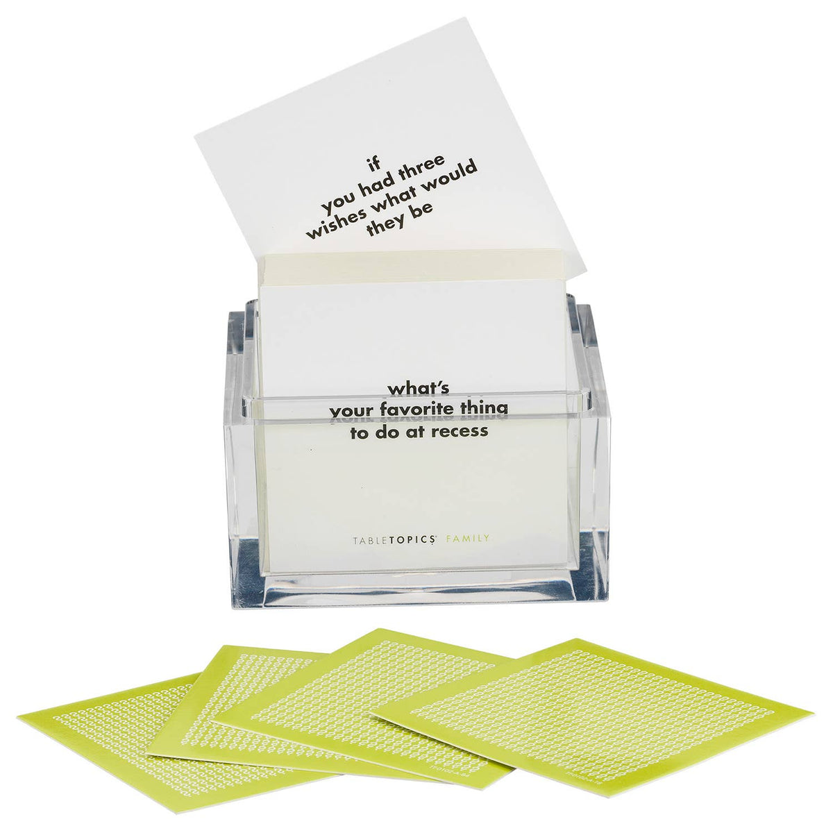 Set of question cards with a clear holder on a white background