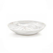 A shallow round ceramic bowl with a white and light gray marbled pattern, shown on a seamless white background.