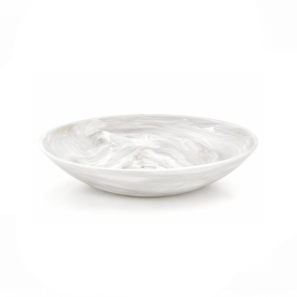 A shallow round ceramic bowl with a white and light gray marbled pattern, shown on a seamless white background.