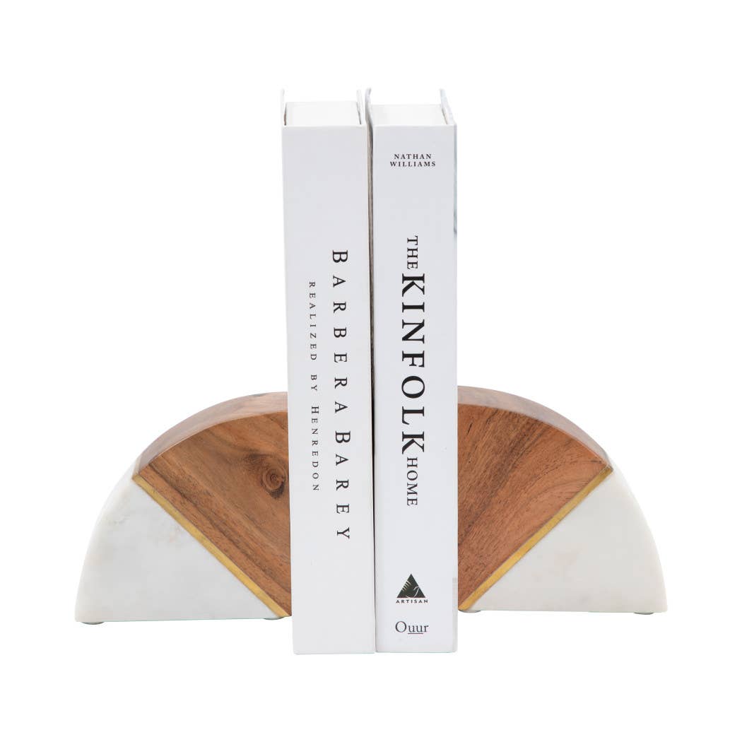 White Marble Wood and Brass Bookends S/2