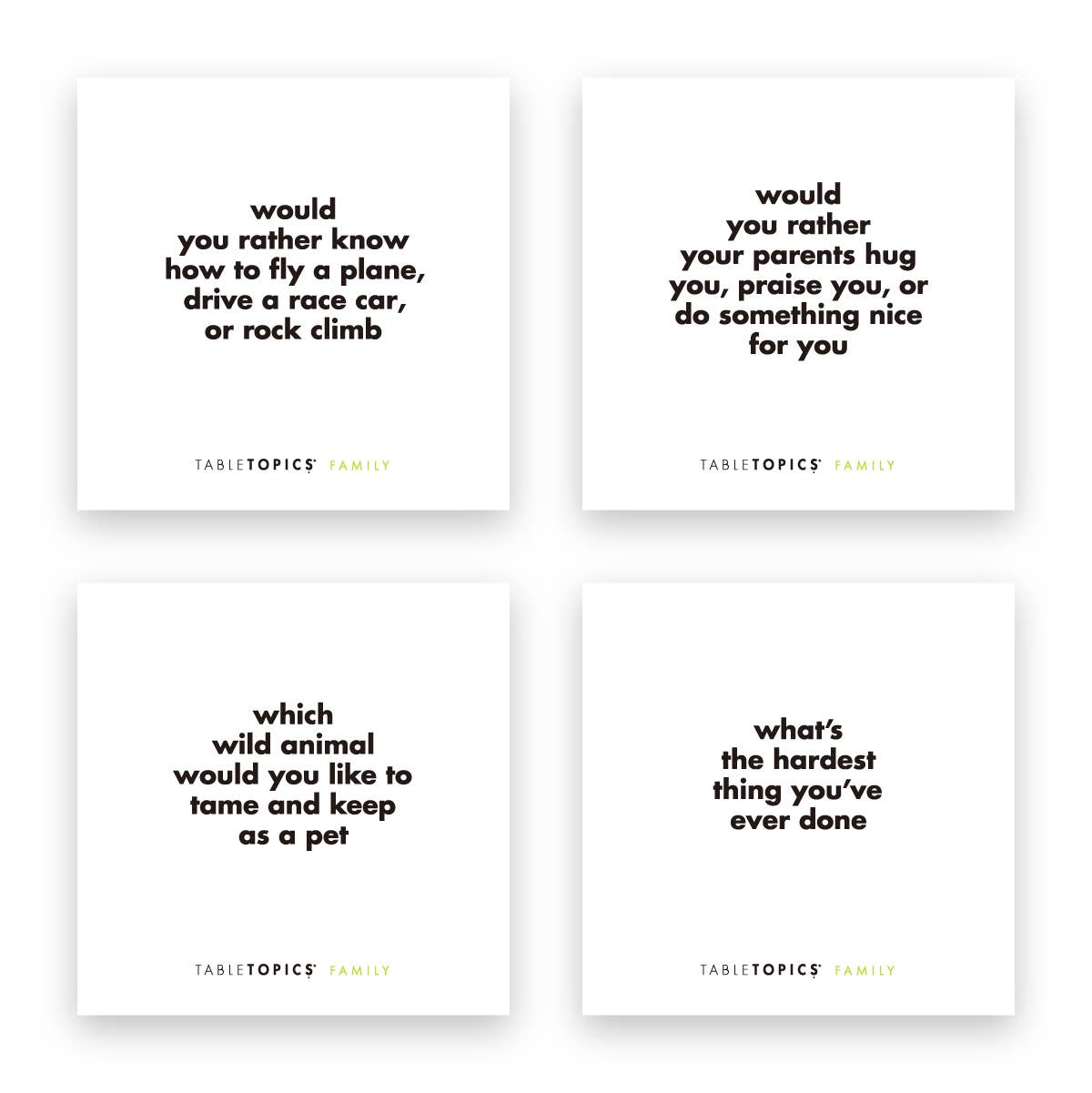 Four white cards with black text on a white background