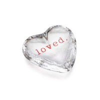 Loved. Crystal glass decorative object with "Loved" written at the center. 