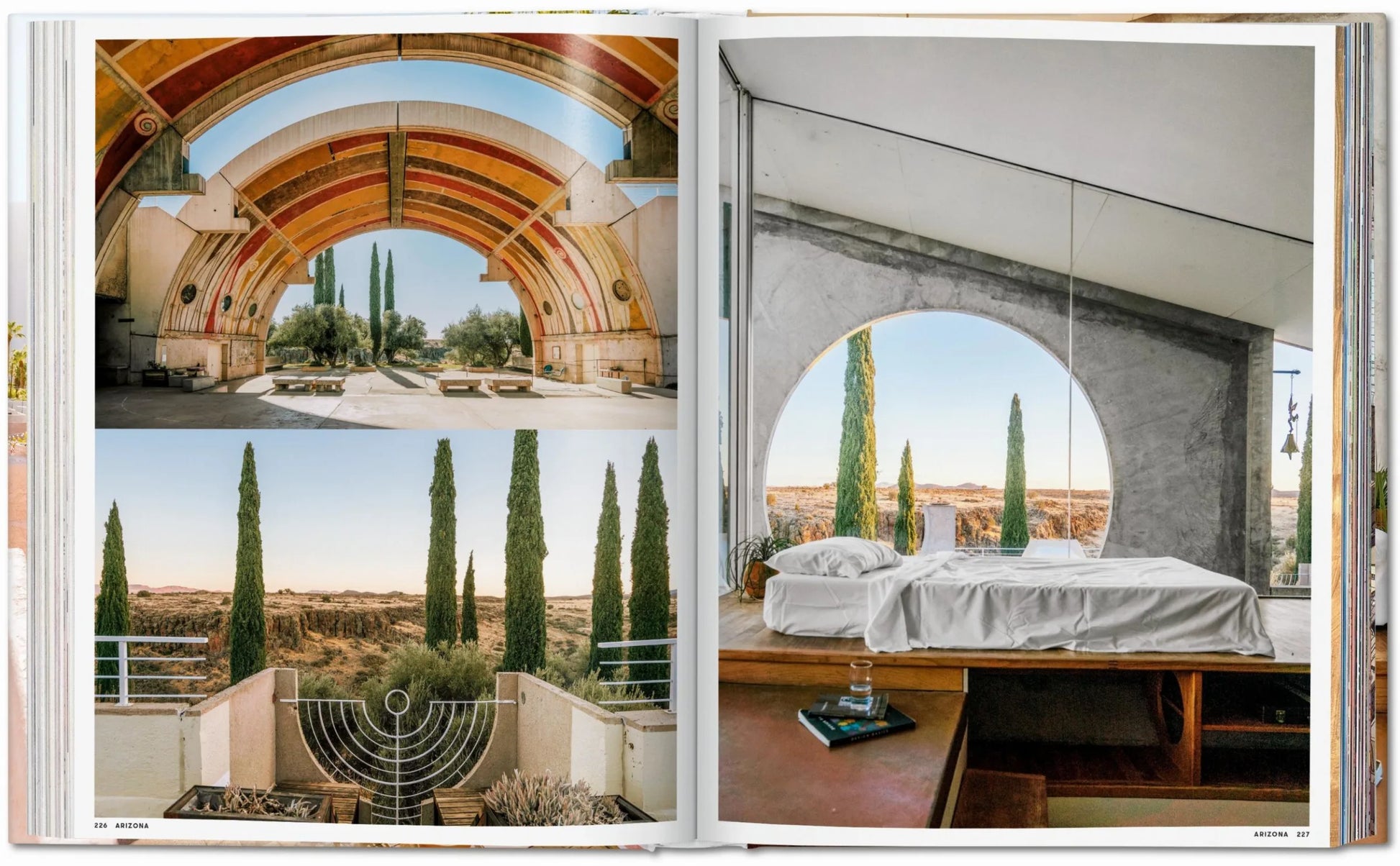 Open book showing interior design images of a modern bedroom and outdoor patio.