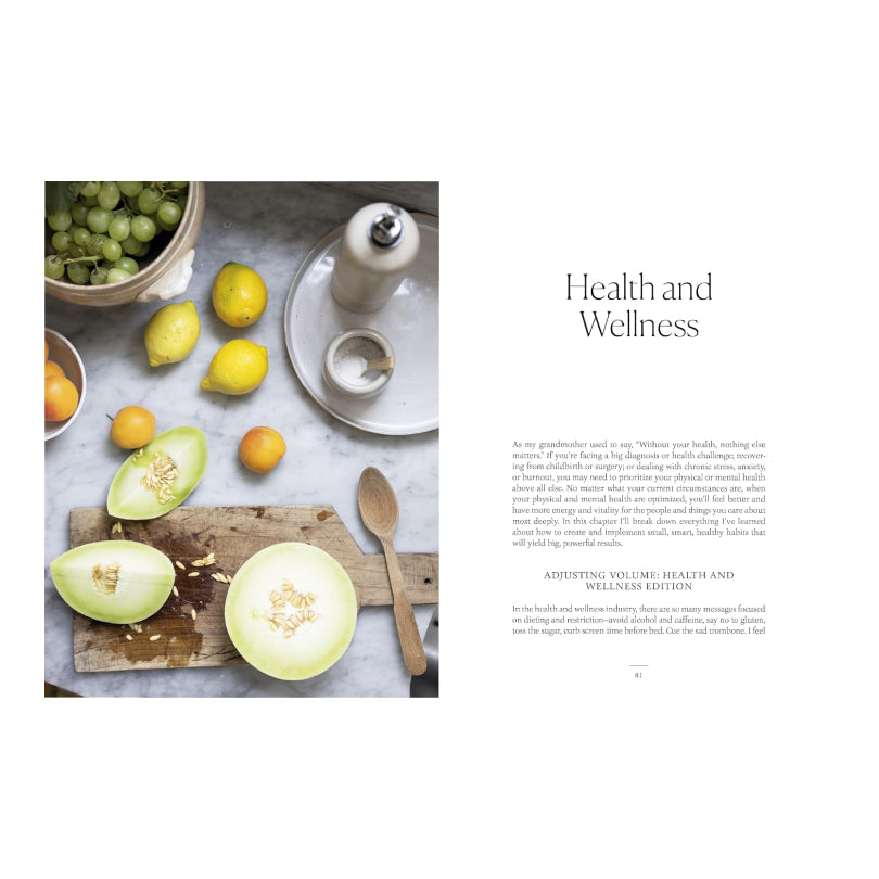 A magazine-style spread with a food photography panel on the left showing sliced melon, lemons, grapes, a cutting board, and a pepper mill, alongside the headline 'Health and Wellness' and several paragraphs of text on a white page.