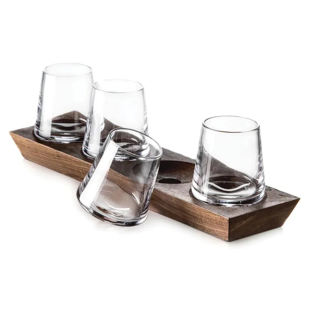 Simon Pearce Ludlow Whiskey with Wood Base Set of 4 Double Old-Fashioned