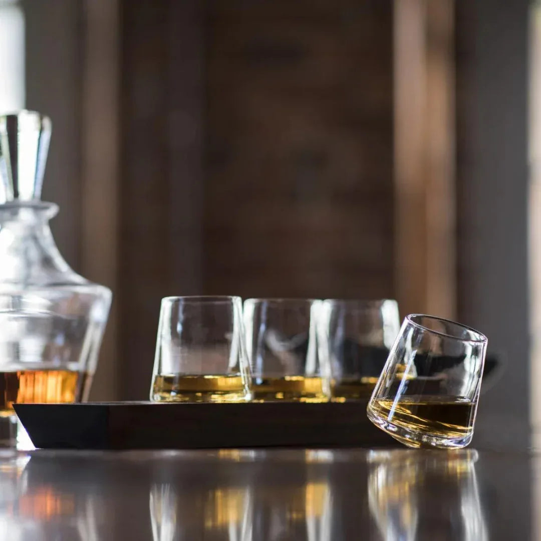 Simon Pearce Ludlow Whiskey with Wood Base Set of 4 Double Old-Fashioned