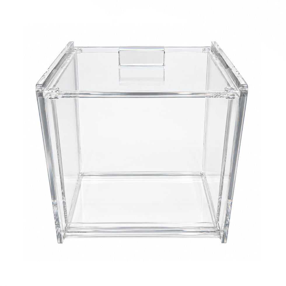 A clear acrylic or plastic storage box with a square shape and a small handle cutout on the top, shown on a plain white background.