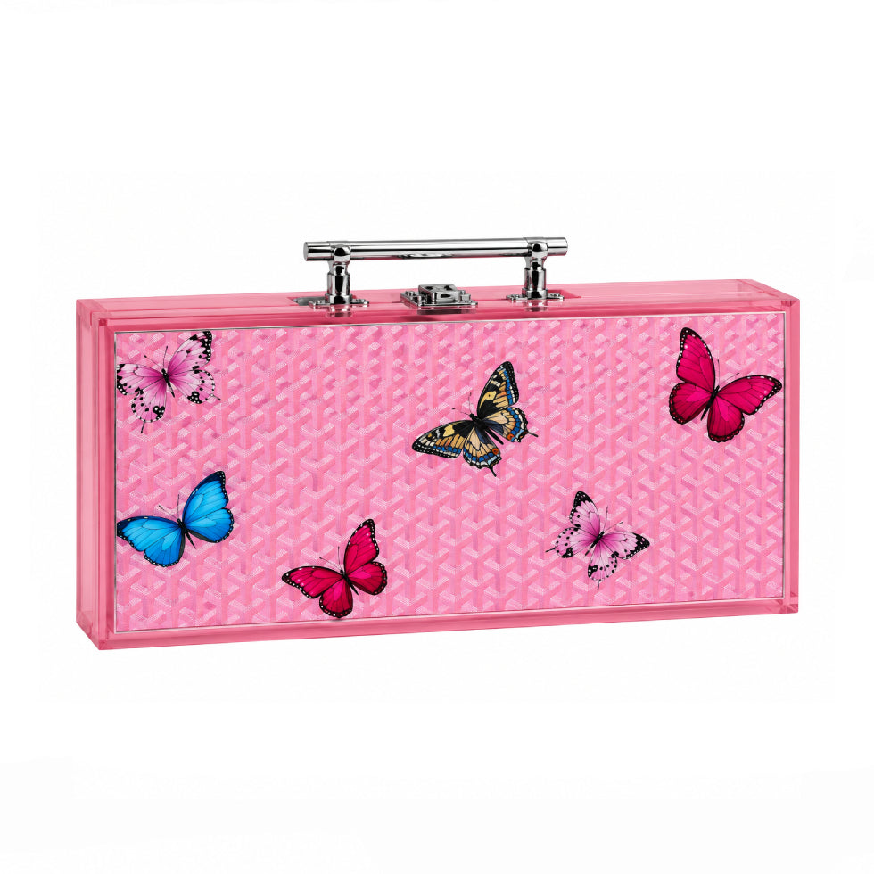 A pink textured acrylic clutch case with a silver metal handle, decorated with colorful butterfly and flower motifs, shown on a plain white background.