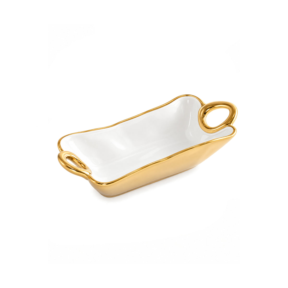 A rectangular white ceramic dish with a glossy gold rim, loop handles on both ends, and a shallow interior, shown on a plain white background.