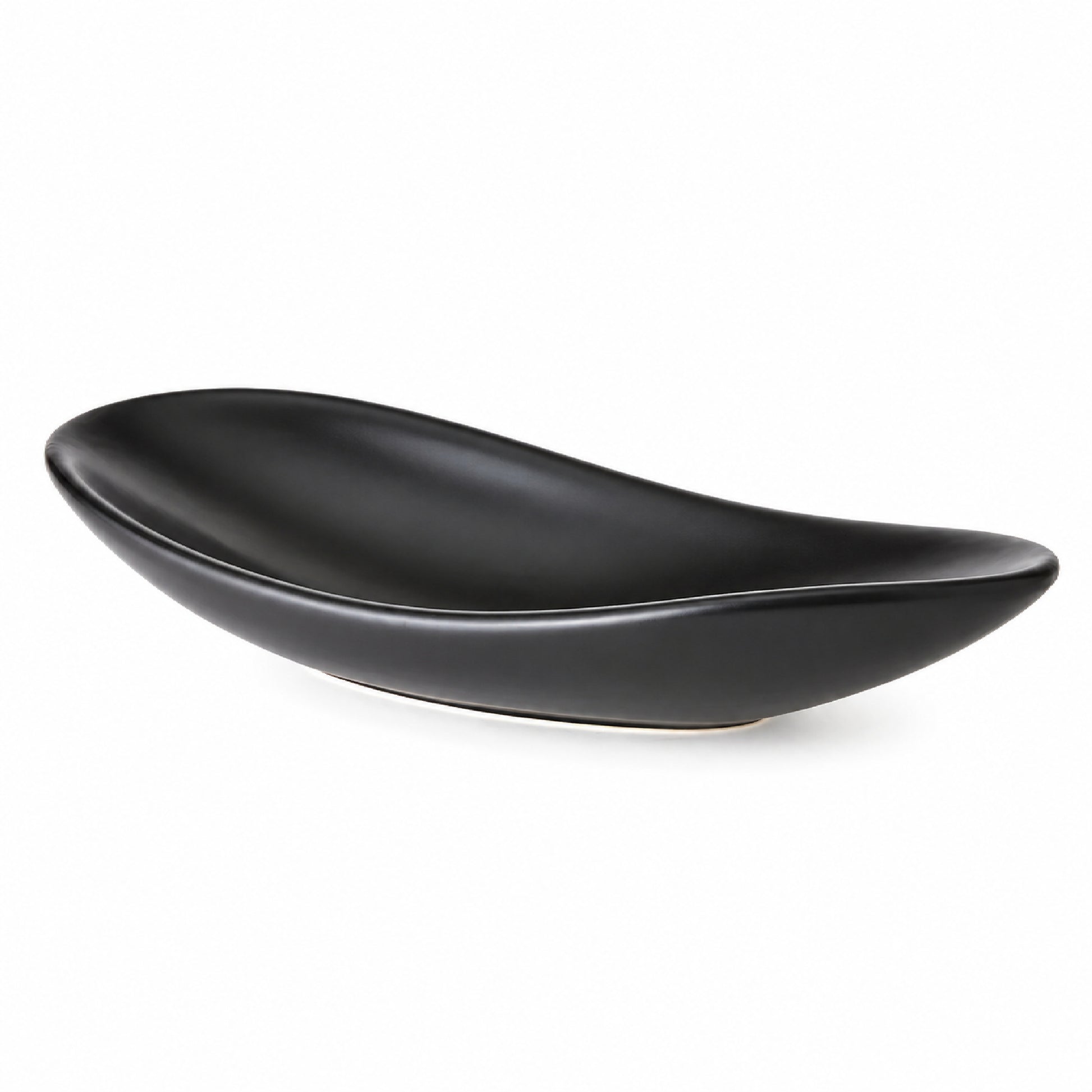 A black ceramic bowl with a smooth, glossy finish and a curved, organic shape, shown on a plain white background.