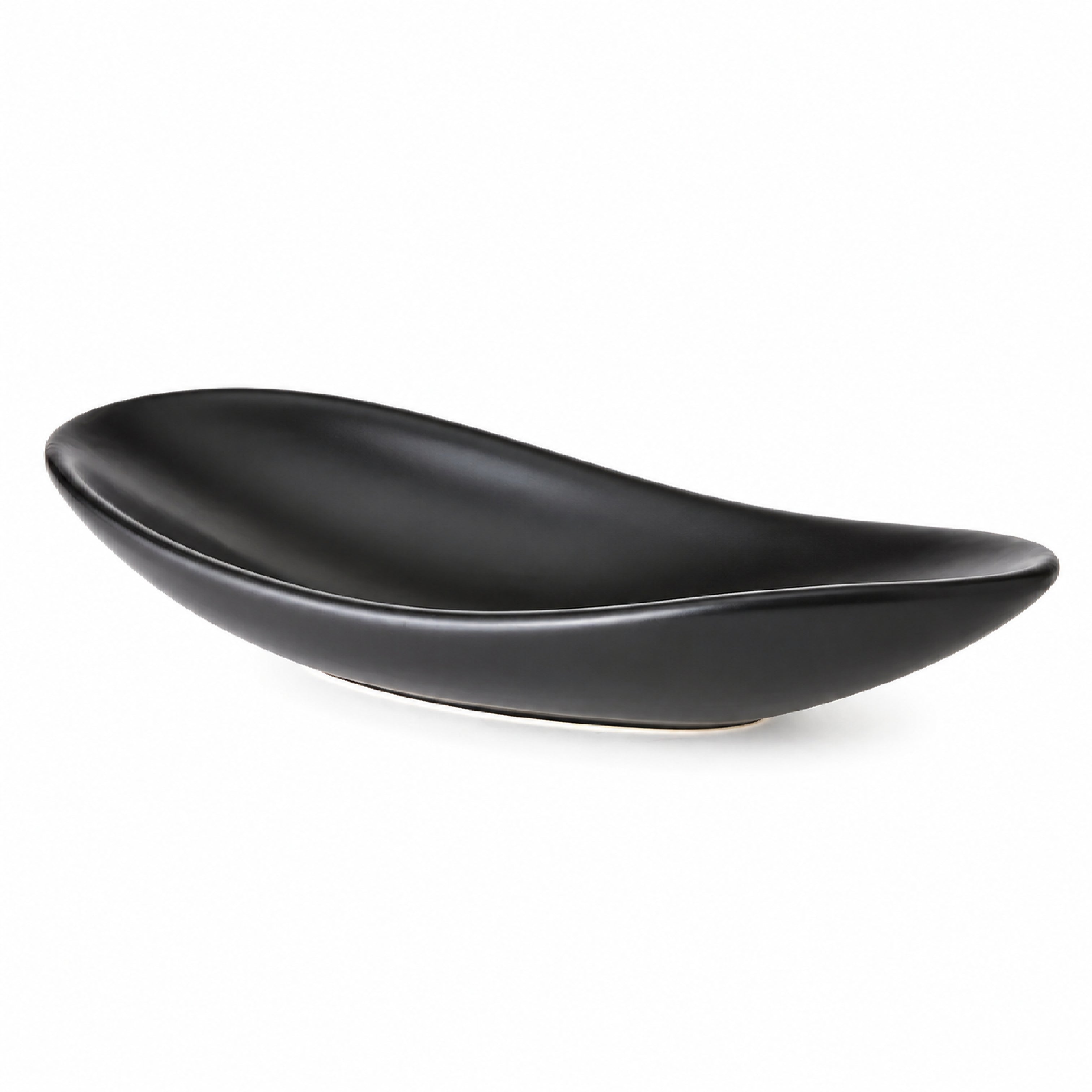 A black ceramic bowl with a smooth, glossy finish and a curved, organic shape, shown on a plain white background.