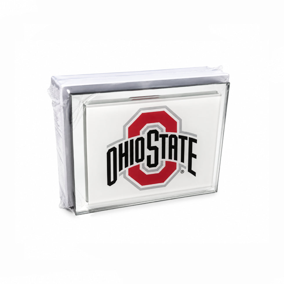 A clear acrylic block sign featuring the Ohio State Buckeyes logo, wrapped in protective plastic on a white background.