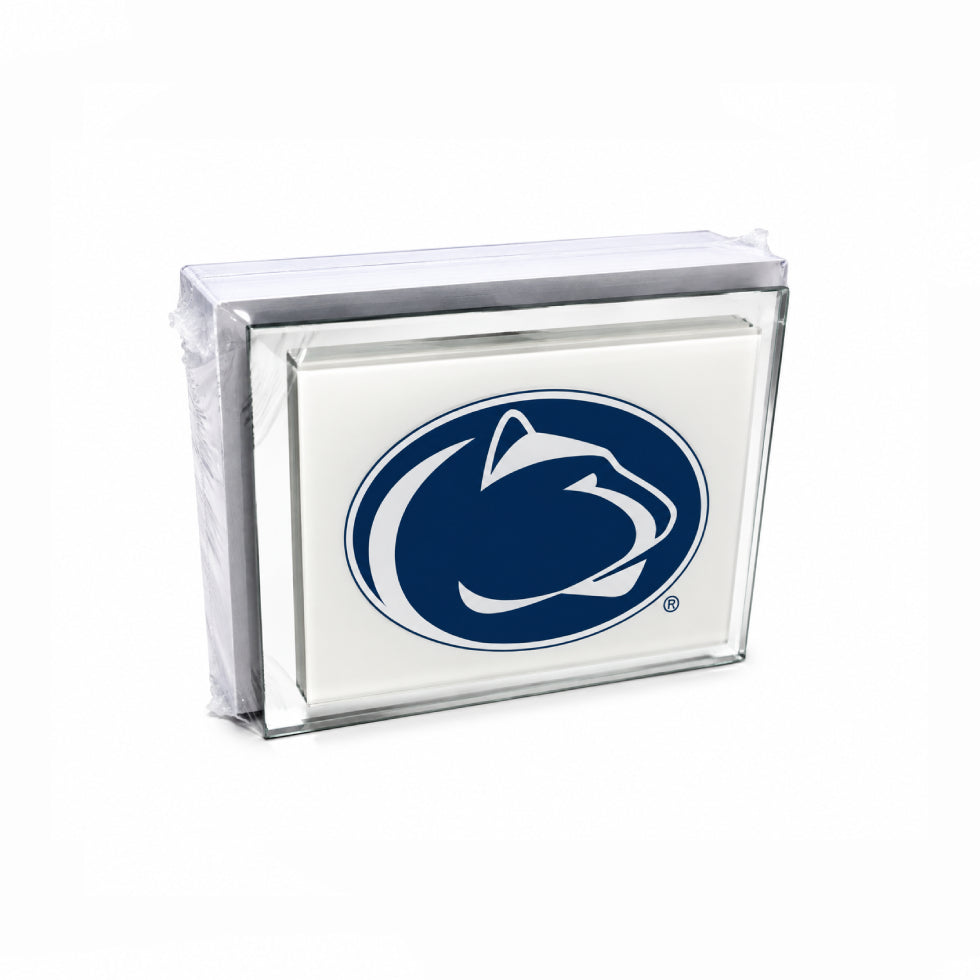 A clear acrylic block holder or frame featuring the Penn State Nittany Lions logo in navy blue and white, shown on a clean white background.