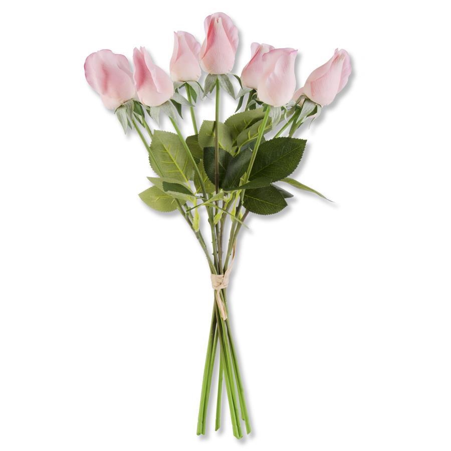 Bouquet of pink artificial roses with green stems on a white background