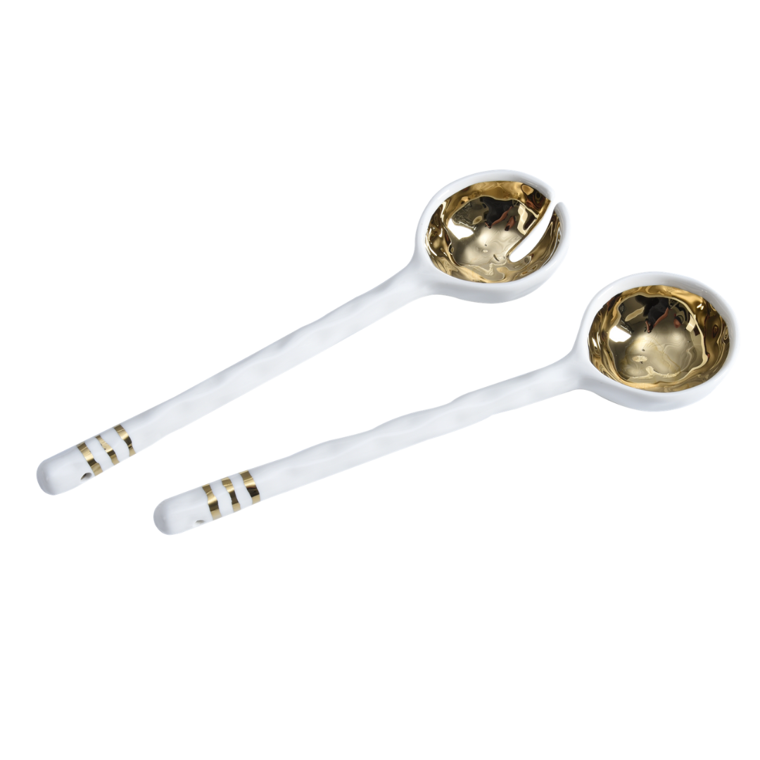 Porcelain Salad Server Set in gold. 