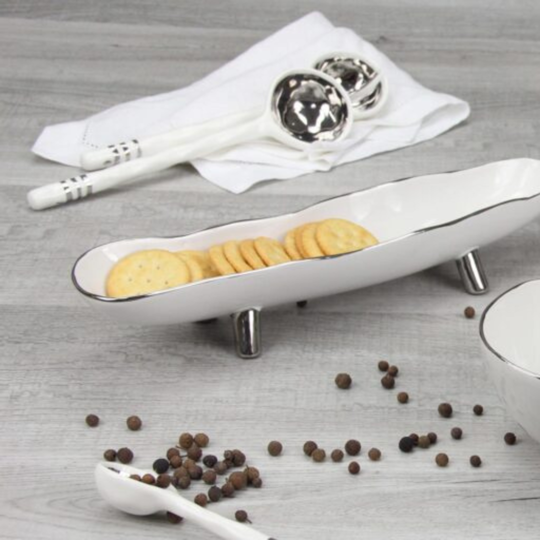 Porcelain Salad Server Set in silver.