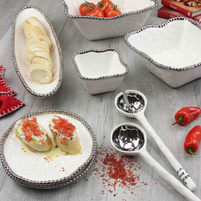 Porcelain Salad Server Set in silver. 
