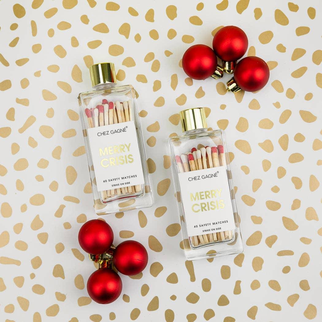 Merry Crisis - Holiday Glass Bottle Safety Matches - White/Red Matchboxes & Lighters