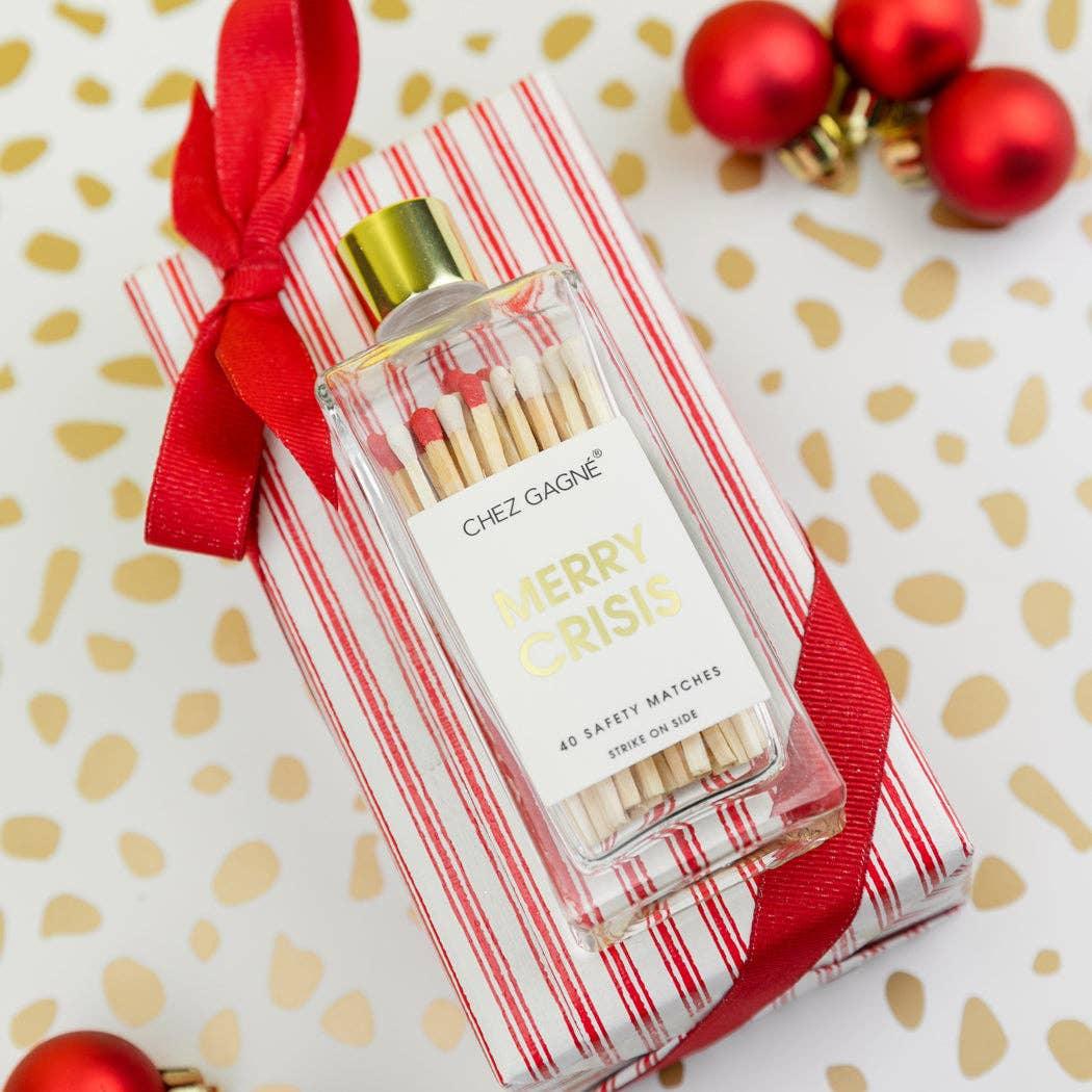 Merry Crisis - Holiday Glass Bottle Safety Matches - White/Red Matchboxes & Lighters