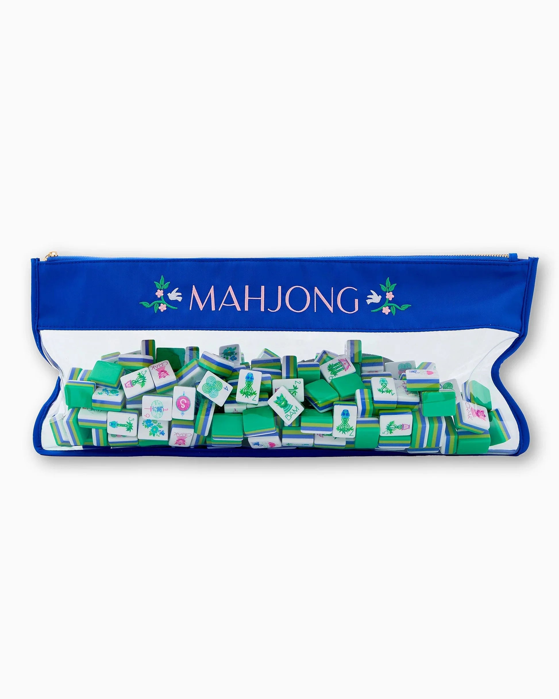 Green and white mahjong tiles in a blue pouch with 'Mahjong' branding on a white background