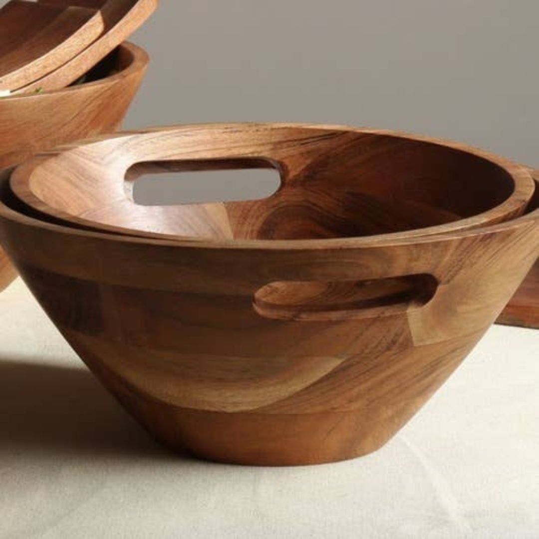 Rustic Wood Bowl with Handles