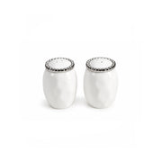 A pair of white ceramic salt and pepper shakers with textured bodies and silver-toned scalloped metal lids, shown on a plain white background.