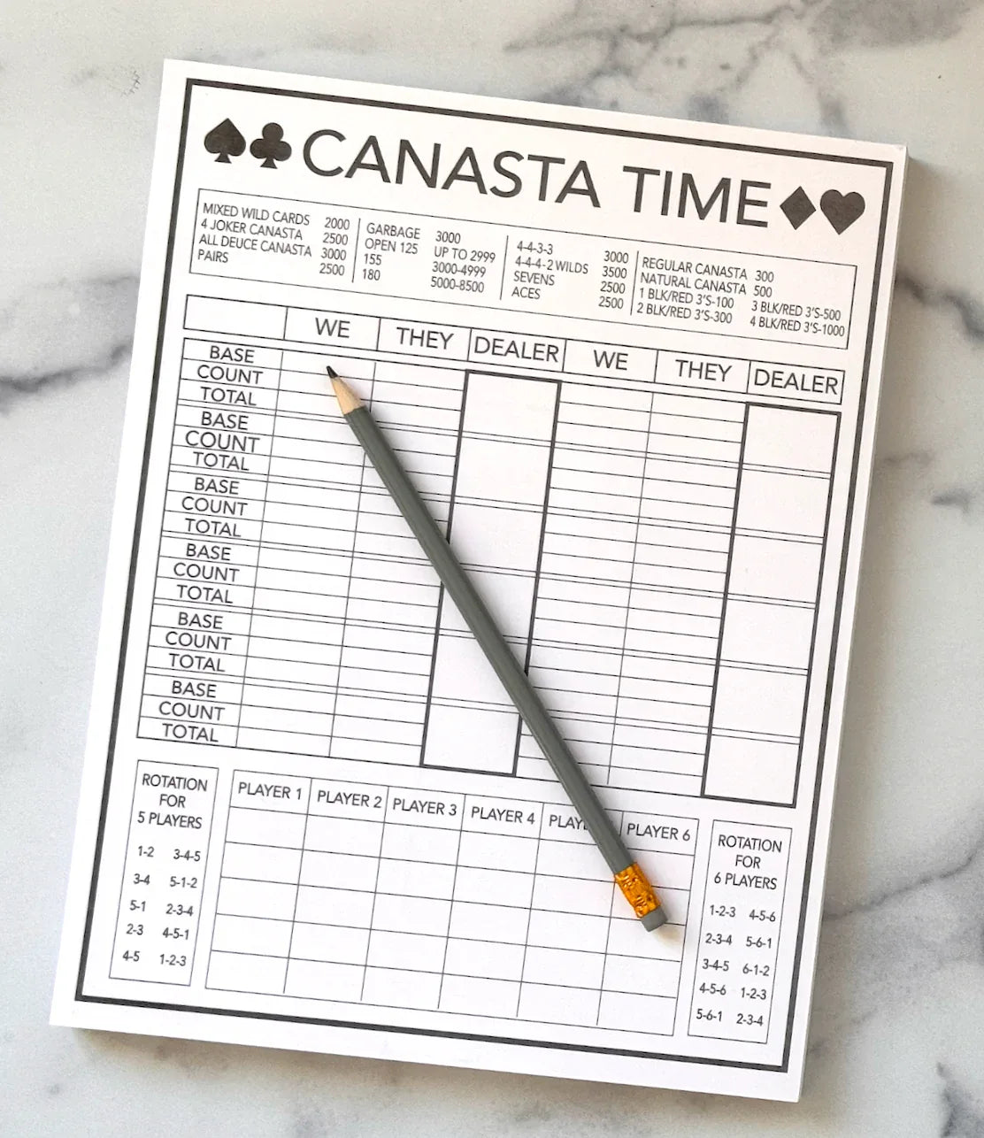 silver Canasta score sheet with a pencil on a marble surface