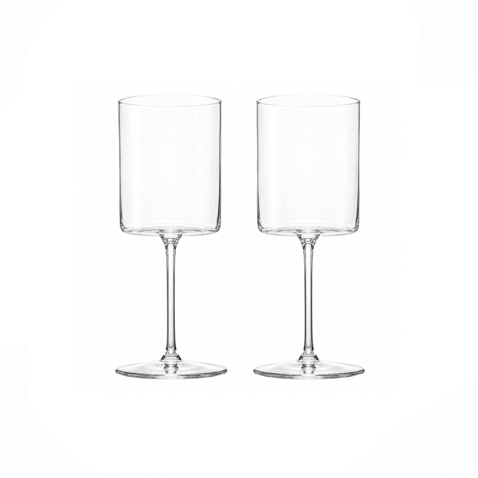 Two clear glass wine glasses with a modern cylindrical bowl and slender stems, shown side-by-side on a plain white background.
