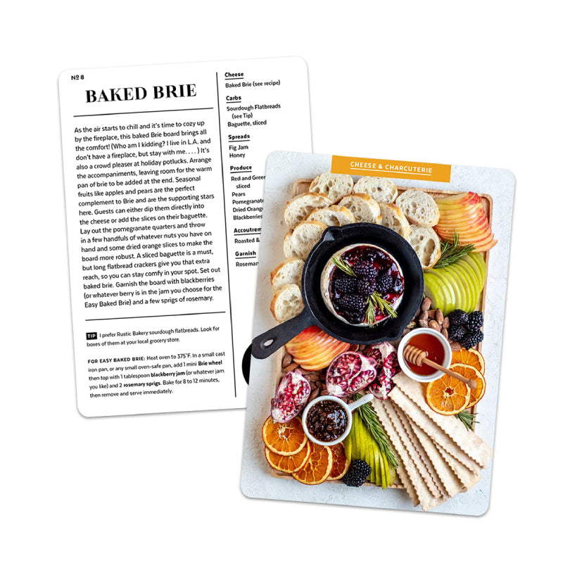 A styled cheese and charcuterie board layout on a white background, featuring a recipe card for Baked Brie, a cutting board with sliced brie, crackers, grapes, nuts, dried fruit, and citrus slices, and a black-handled serving knife.