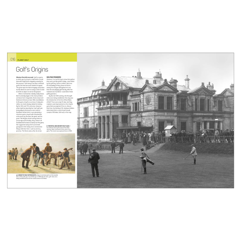 Historical black and white photo of people playing golf in front of a large building, with text on the left side.