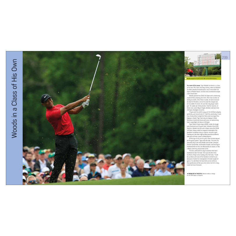 Golf player Tiger Woods in red shirt swinging a club with a blurred green background

