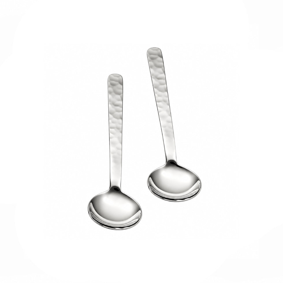 Two silver spoons with textured hammered handles, displayed on a clean white background.