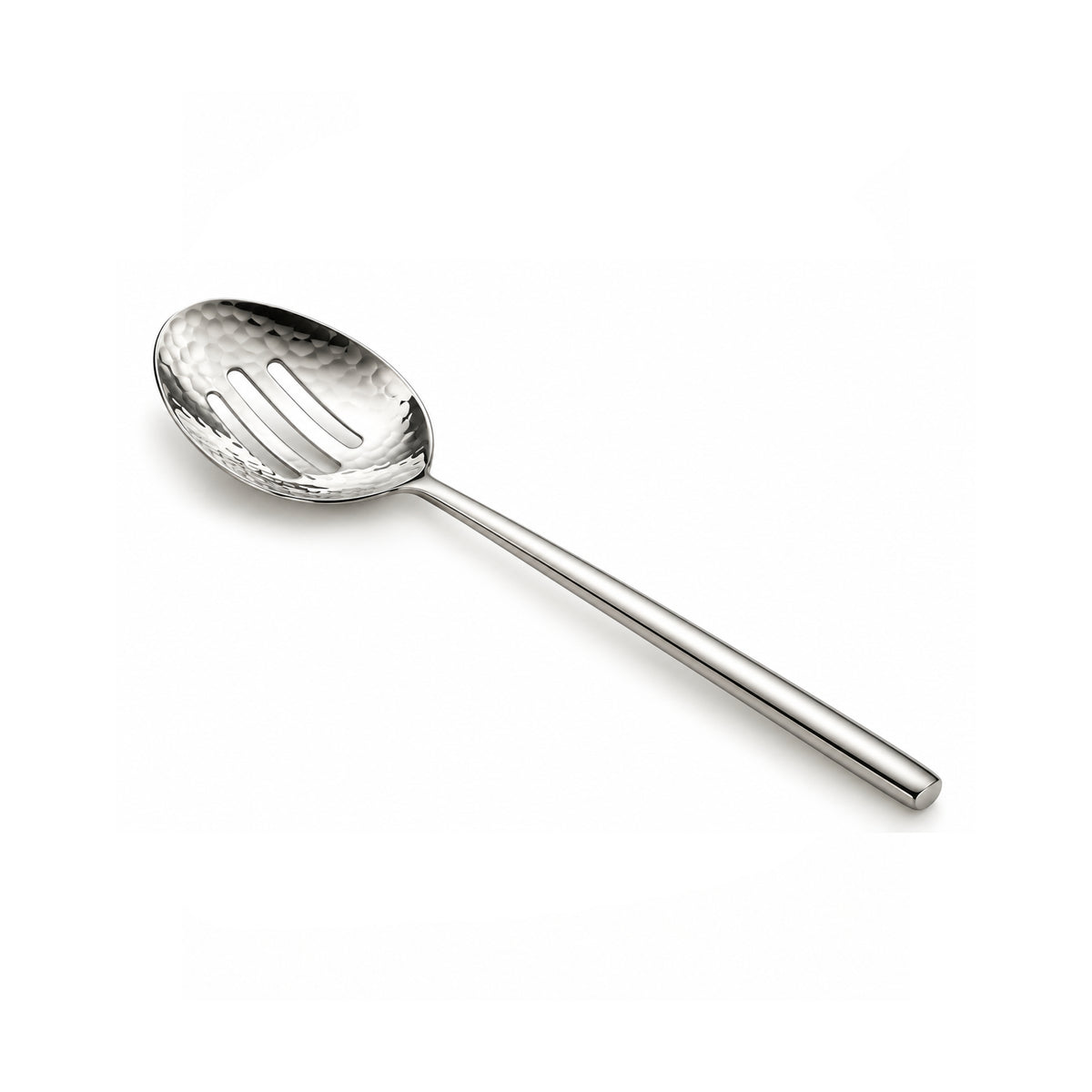A matte black silicone slotted spoon with a long handle and a hanging loop, shown on a clean white background.