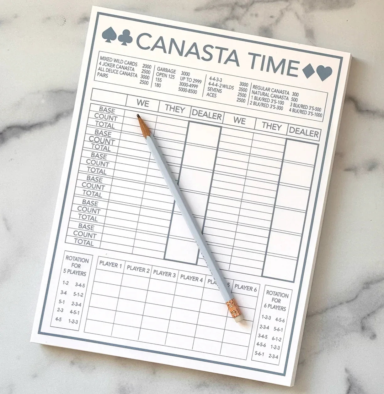 white Canasta score sheet with a pencil on a marble surface